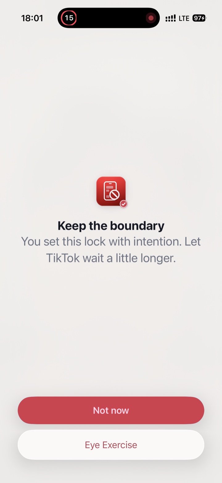 Focus boundary screen encouraging the user to keep TikTok blocked